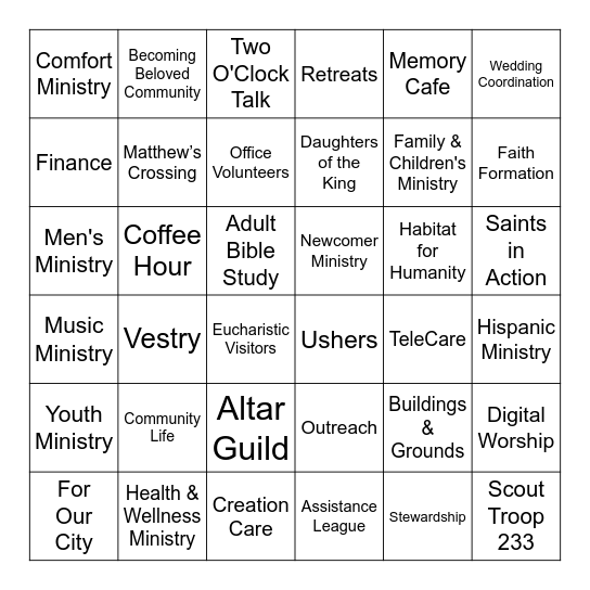 St. Matthew's Ministry Fair Bingo Card