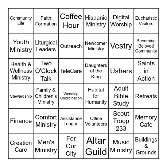 St. Matt's Ministry Fair Bingo Card