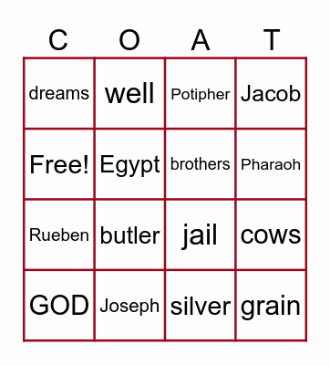 Joseph and his Coat of many Colors Bingo Card