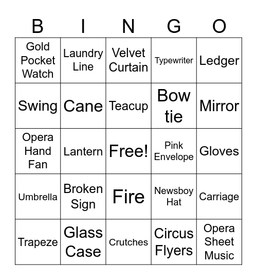 The Greatest Showman Bingo Card
