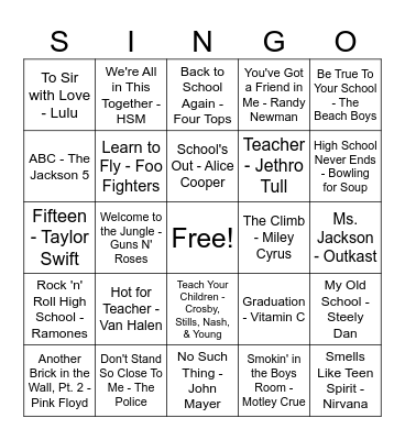 SINGO Bingo Card