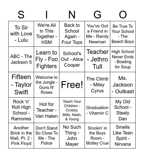 SINGO Bingo Card