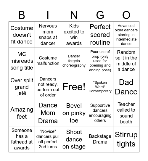 Dance Comp Bingo Card