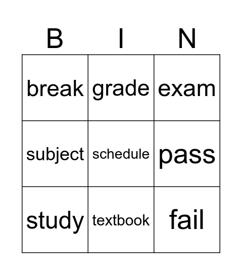Vocabulary about learning related to school Bingo Card
