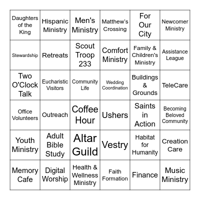 St. Matthew's Ministry Bingo Card