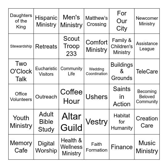 St. Matthew's Ministry Bingo Card
