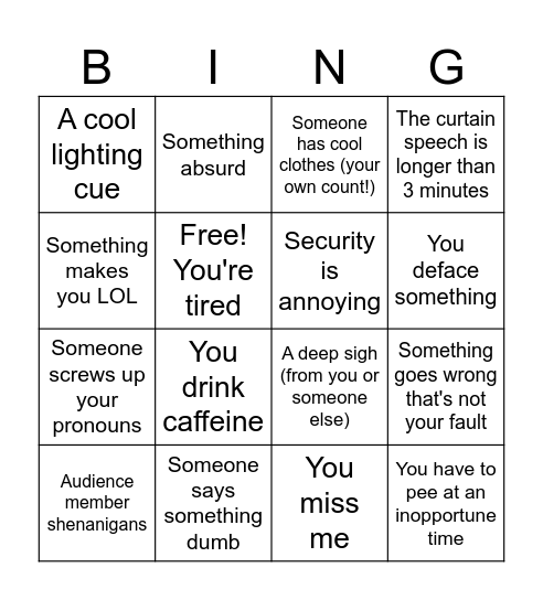 Silliness Bingo Card
