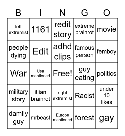 tiktok Bingo Card