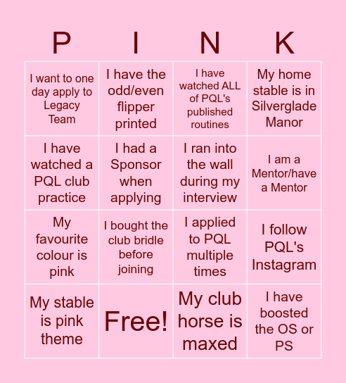 Pink Queens Legacy Bingo Card