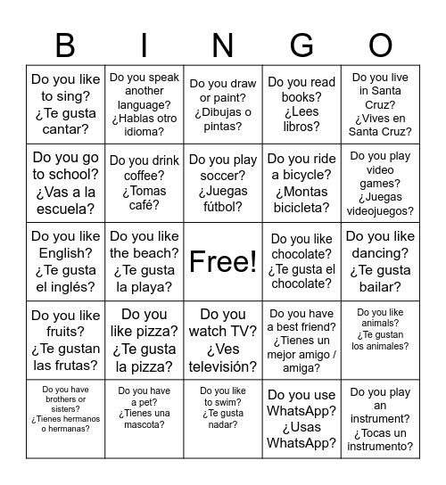 Yes, I do. / No, I don't. Bingo Card