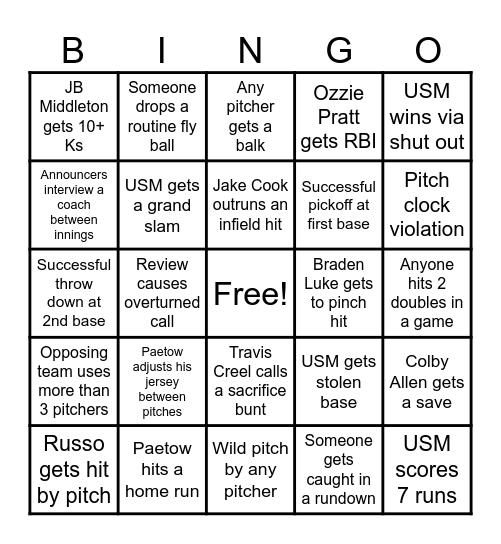 Southern Miss Baseball Bingo Card