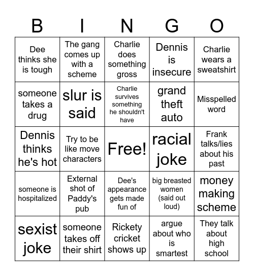 It's Always Sunny Bingo Card