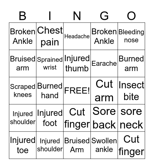 Injuries At Home Or The Workplace Bingo Card