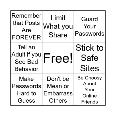Internet Safety Bingo Card