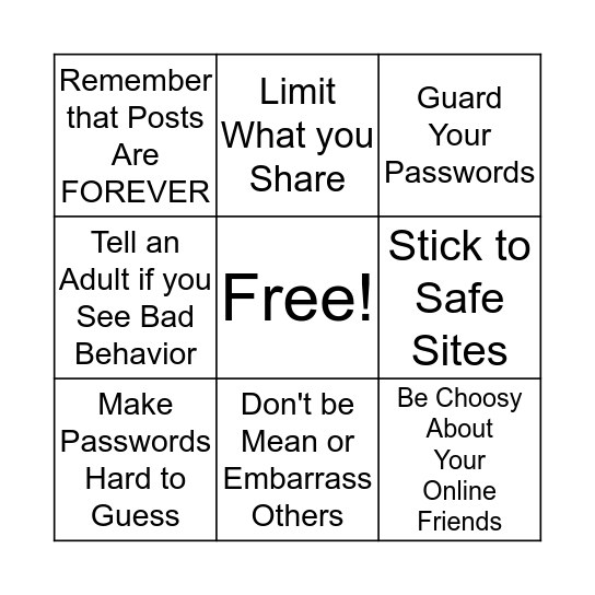 Internet Safety Bingo Card