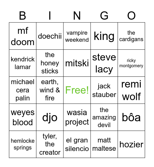 music taste bingo Card