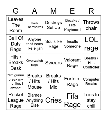 Gamer Rage Bingo Card