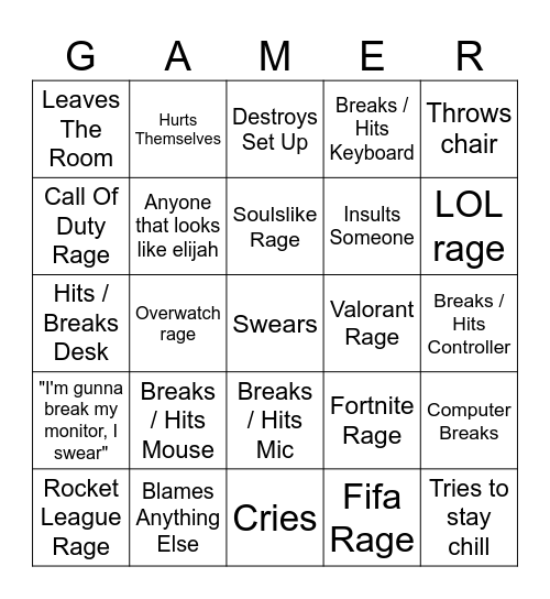 Gamer Rage Bingo Card