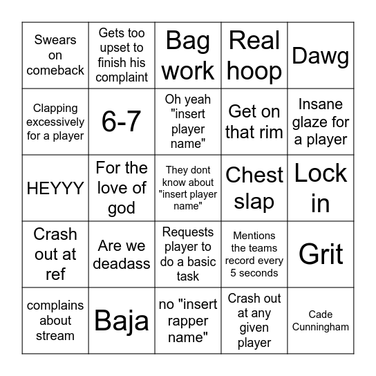 Average Isaiah Watching a Game Bingo Card