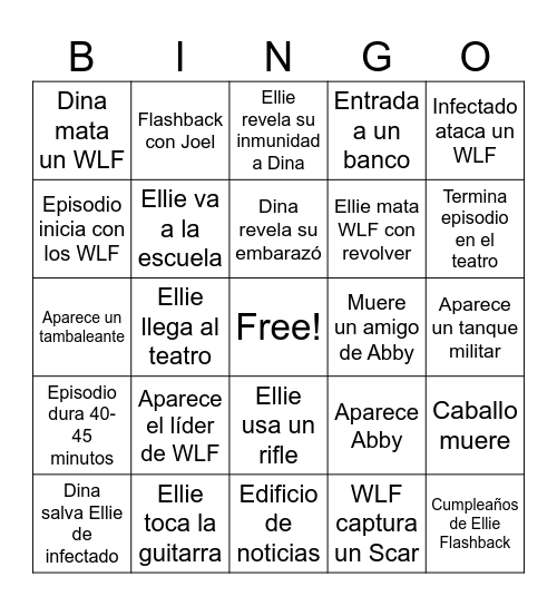 The Last Of Us Season 2 Episode 4 Bingo Card