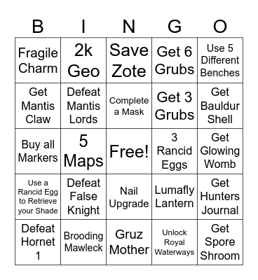 Short Hollow Knight 1 Bingo Card