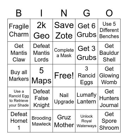 Short Hollow Knight 1 Bingo Card