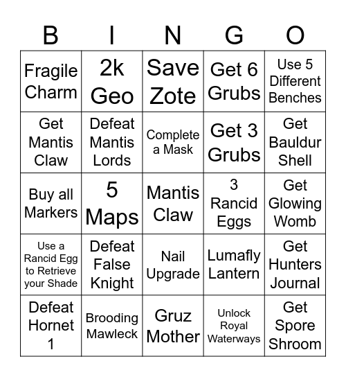 Short Hollow Knight 2 Bingo Card