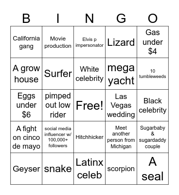 West coast bingo Card