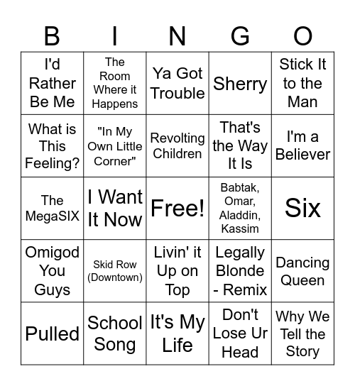 MUSICALS! Big Fish Party Bingo Card