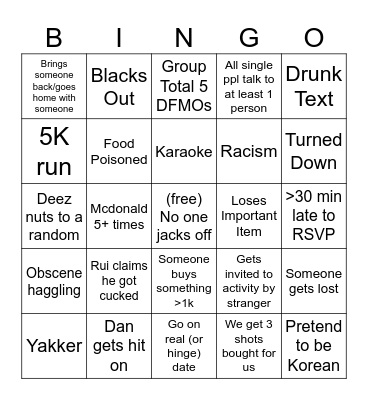 Shanghai + Korea Trip Bingo Card