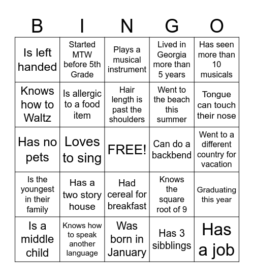Get to know you Bingo Card