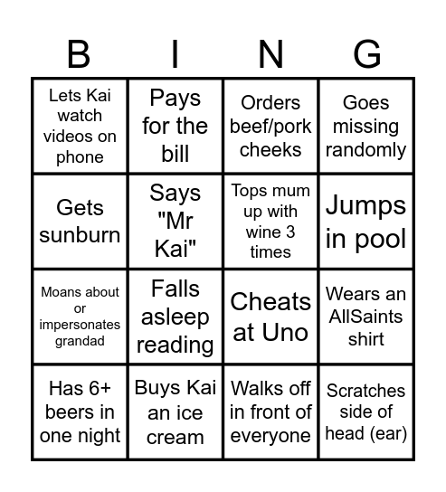Dad Bingo Card