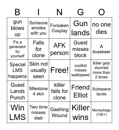 Forsaken Bingo Card