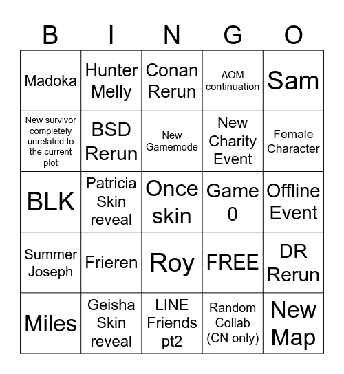 idv livestream bingo Card