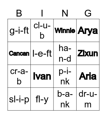 CVCC/CCVC Bingo Card