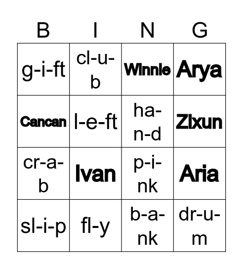 CVCC/CCVC Bingo Card