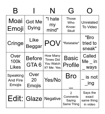 Youtube Shorts Comments Bingo Card