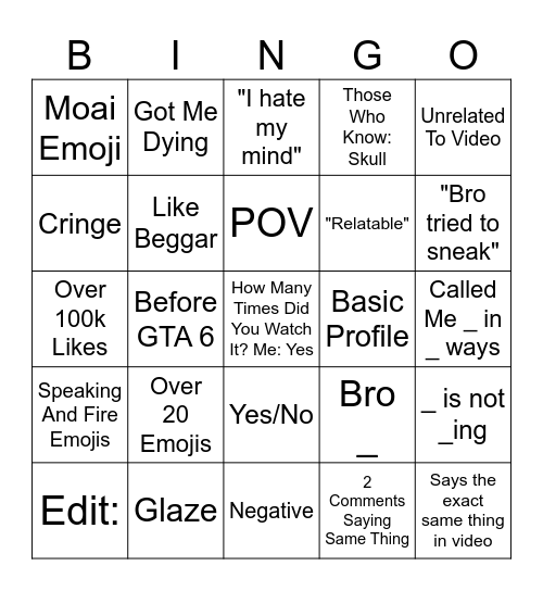 Youtube Shorts Comments Bingo Card