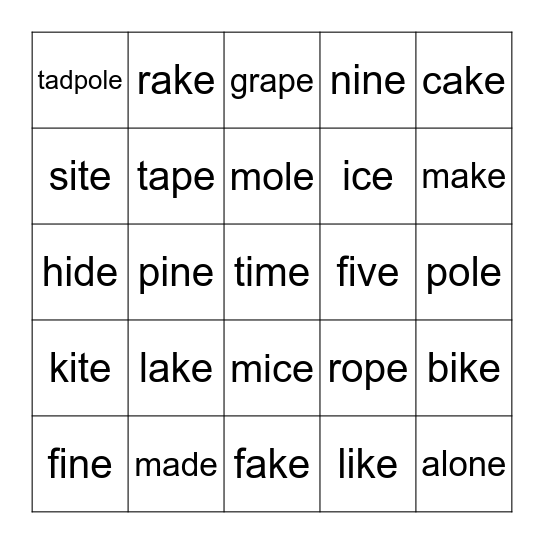 Magic e 1 Bingo Card