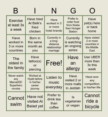 Welcome to Hyatt BINGO Card