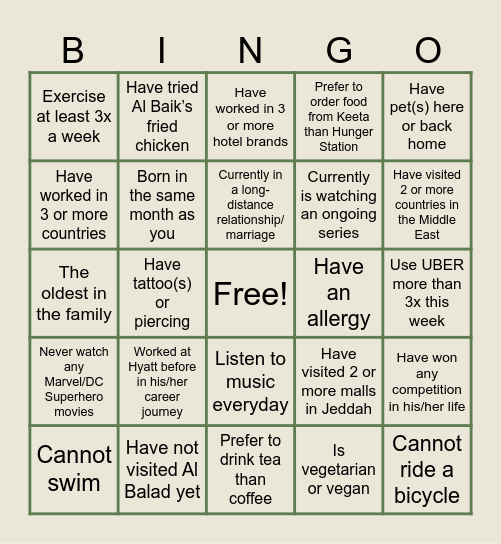 Welcome to Hyatt BINGO Card
