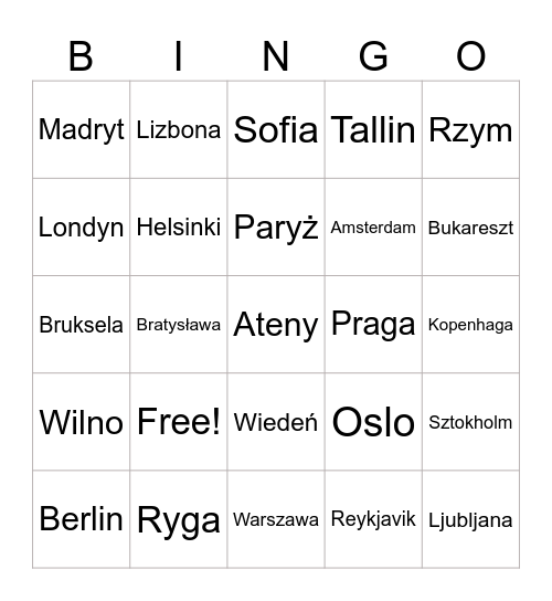Stolice Europy Bingo Card