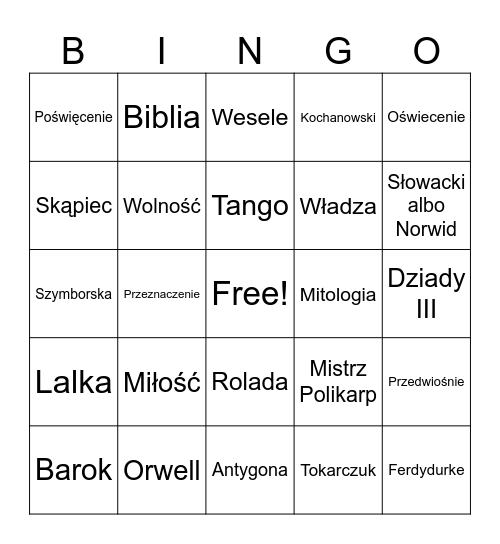 Matura Polski Bingo Card