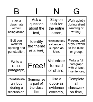 English Bingo Card