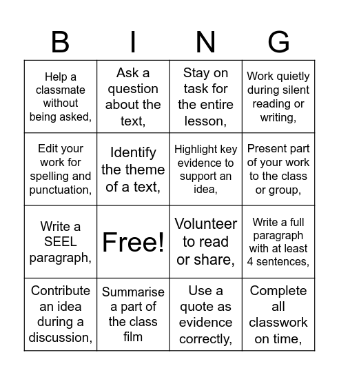 English Bingo Card
