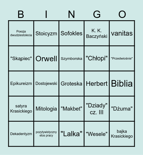 matura z polskiego Bingo Card