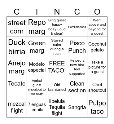 Cinco Bingo Challenge!! Bingo Card