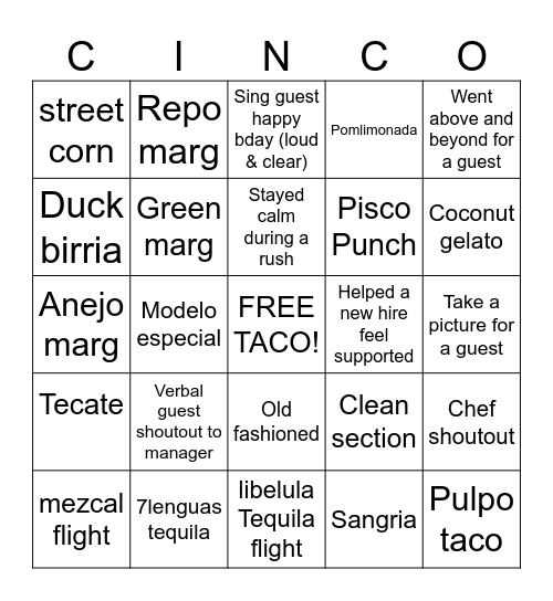 Cinco Bingo Challenge!! Bingo Card
