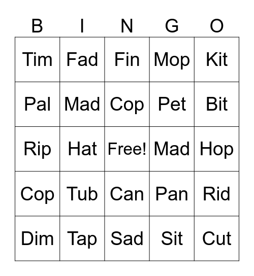 CVC Word Bingo Card