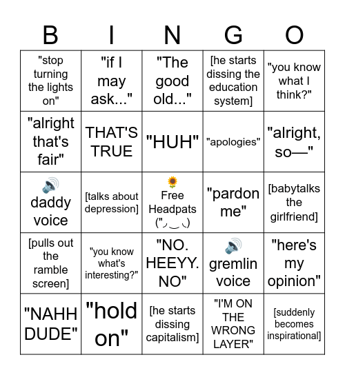 Nick's Stream Bingo Card
